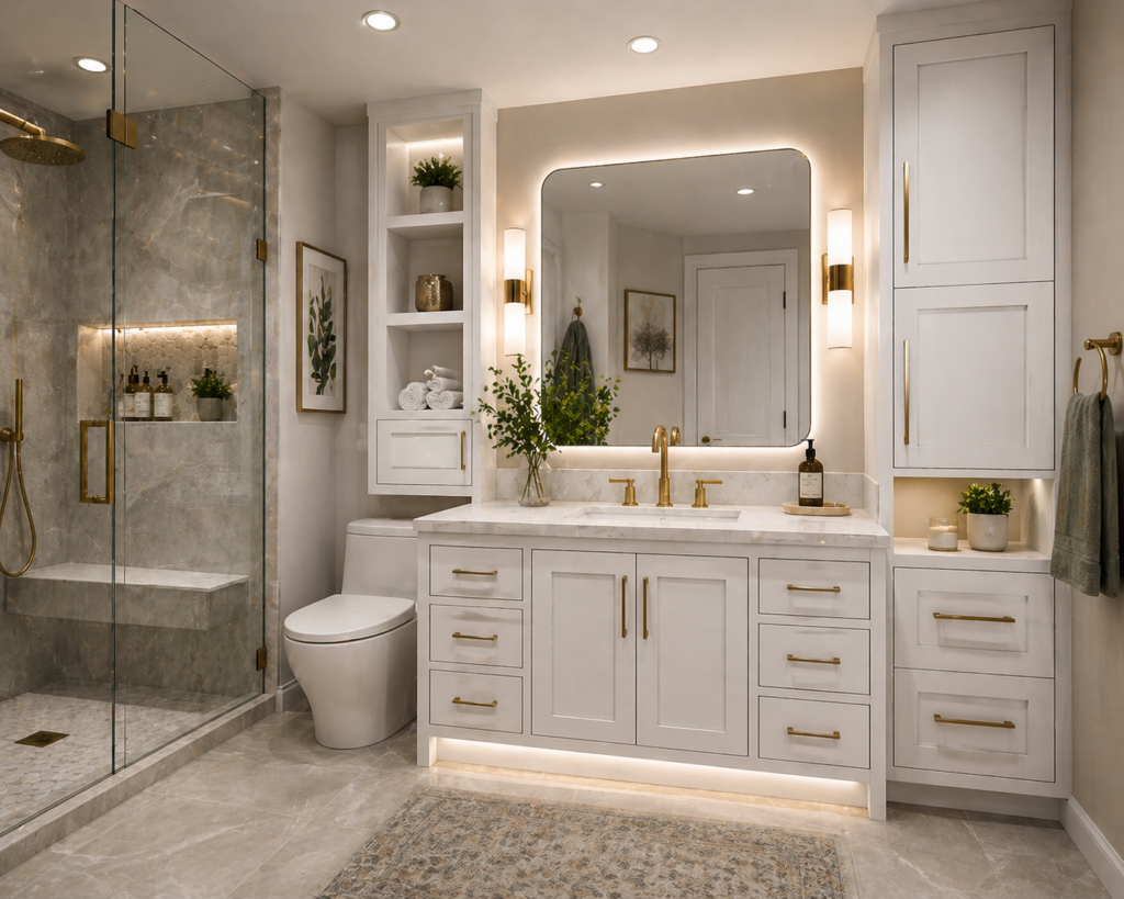 Modern bathroom with unique white shaker cabinets for the bathroom, clean lines, bright lighting, and a sleek vanity setup.