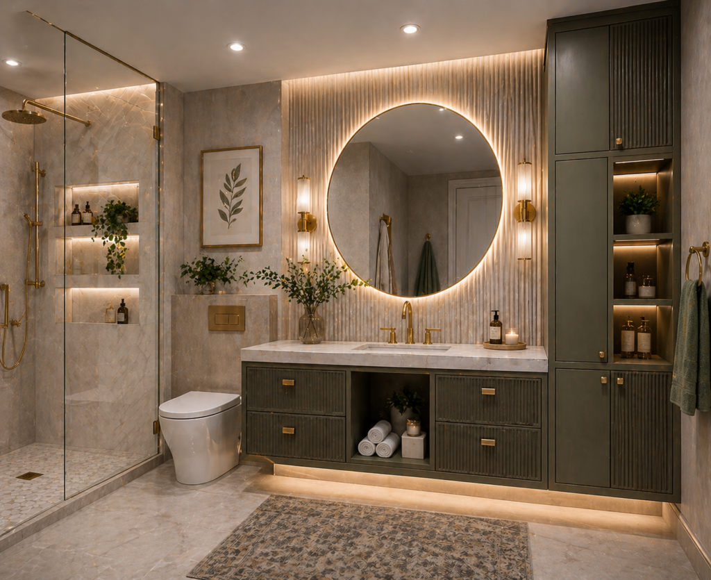 Unique bathroom with stylish cabinets for the bathroom, featuring a modern vanity, textured cabinet fronts, and warm ambient lighting.