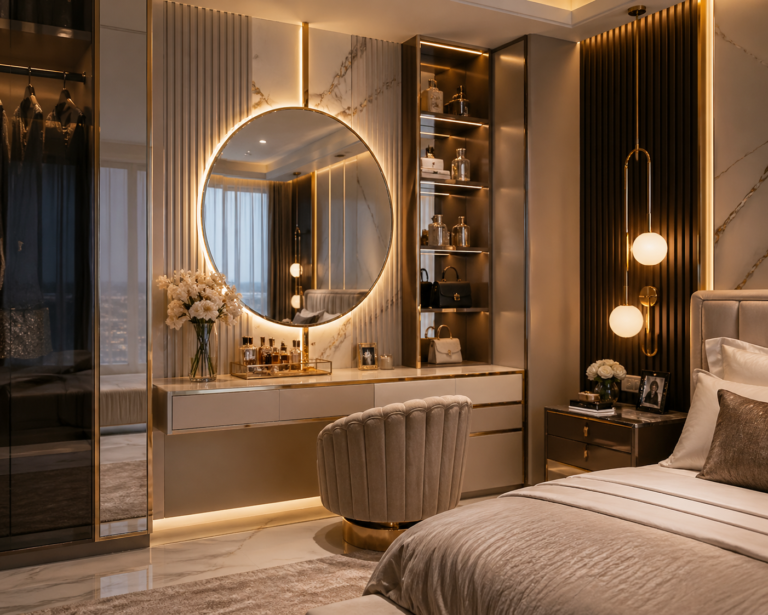 Luxurious bedroom vanity with round mirror, LED lighting, marble top, and elegant chair in a modern interior