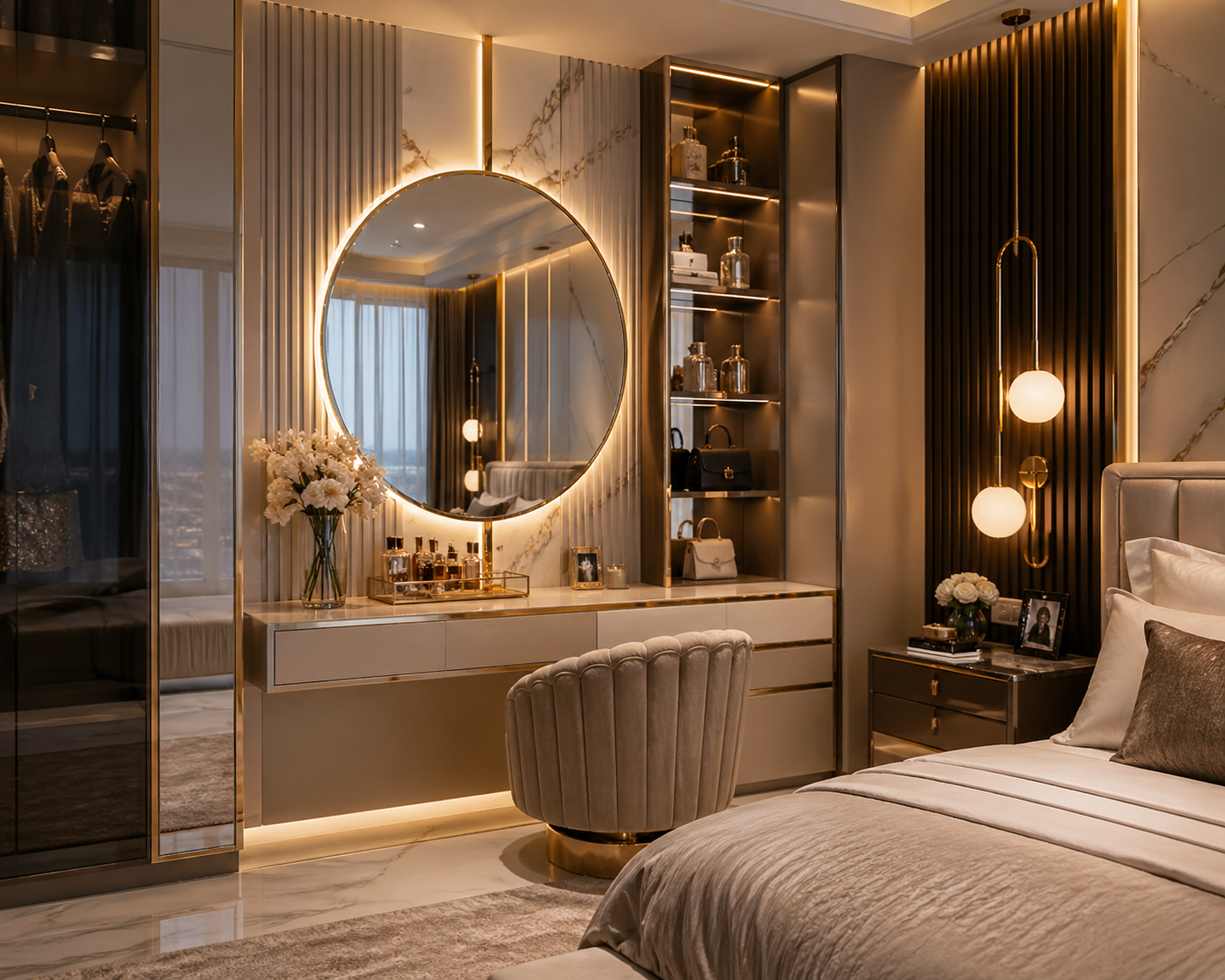 Luxurious bedroom vanity with round mirror, LED lighting, marble top, and elegant chair in a modern interior