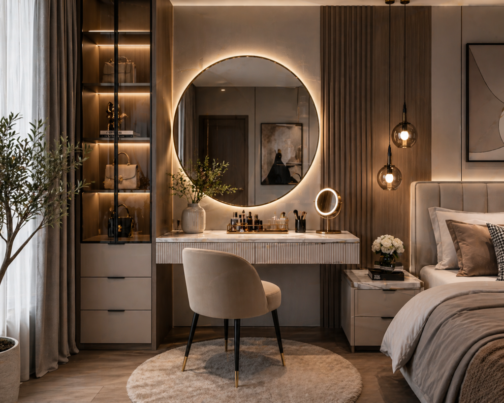 Modern bedroom vanity with round LED mirror, marble top, built-in drawers, and stylish chair in a warm-toned interior