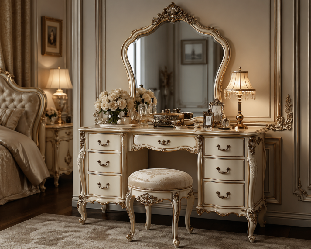 Vintage vanity in a luxury bedroom with ornate mirror, gold accents, and elegant decor