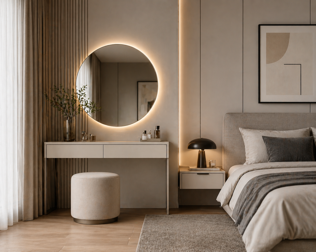 Modern minimalist bedroom with a sleek vanity, round backlit mirror, and neutral decor