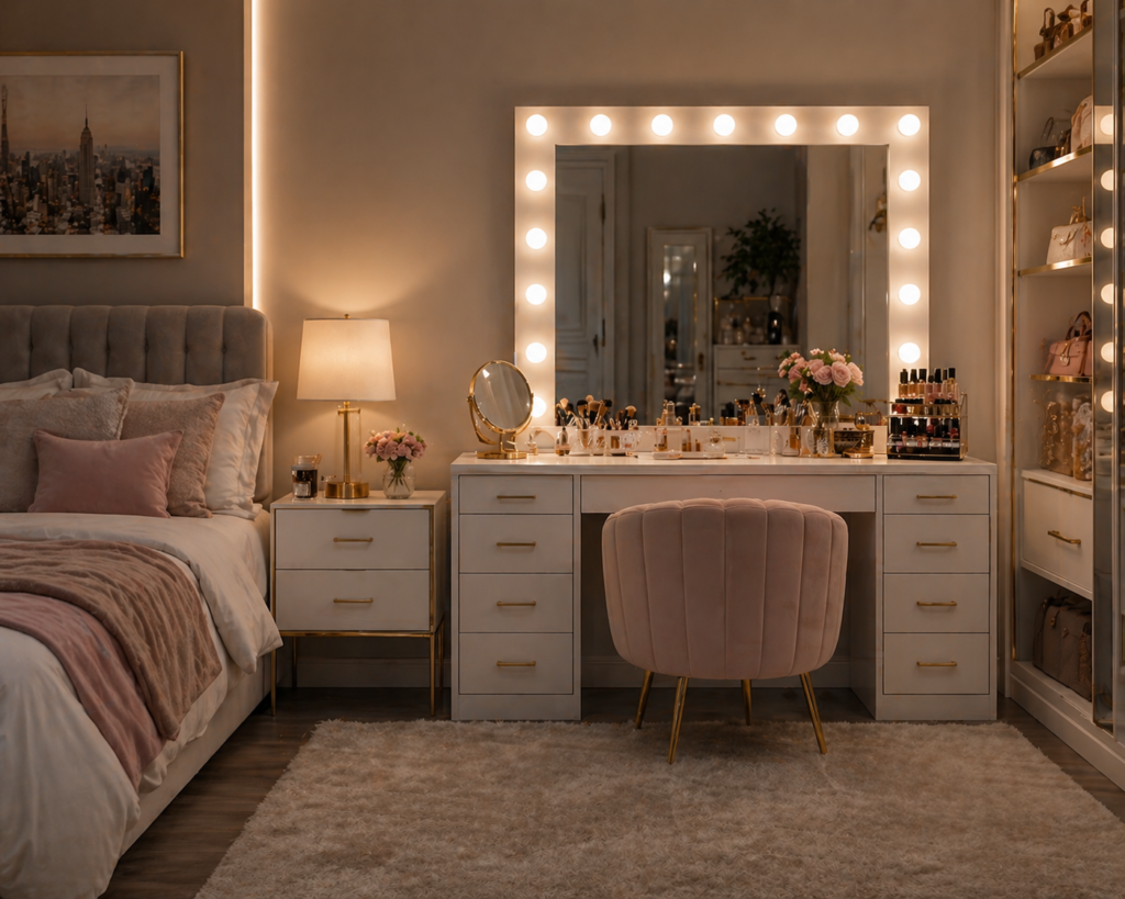 Bedroom with a Hollywood-style vanity, large mirror with bright bulbs, and a sleek makeup setup