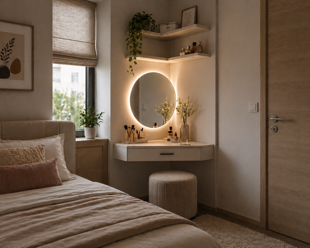 Small bedroom with a corner vanity setup, compact table, mirror, and space-saving design