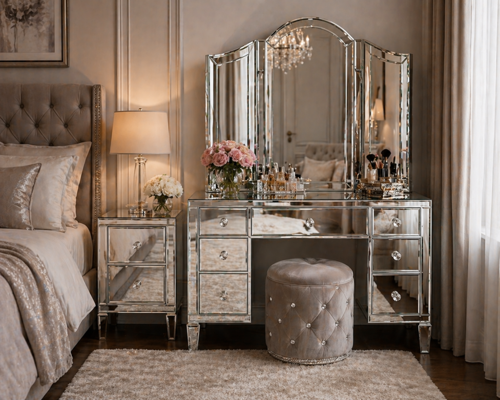 Elegant bedroom with a mirrored vanity table, crystal knobs, and reflective surfaces
