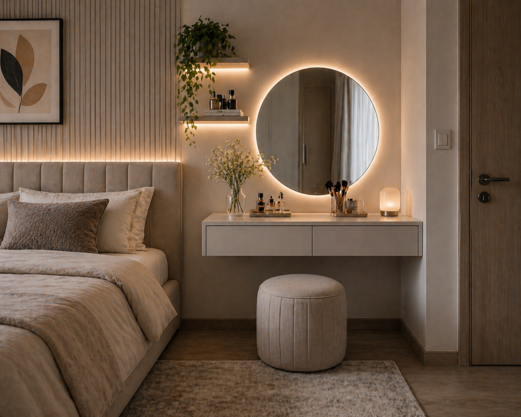 Modern bedroom with a floating vanity desk, round mirror, and soft ambient lighting