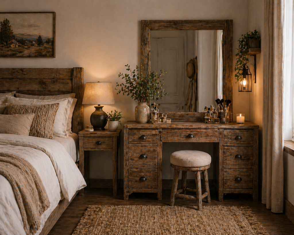 Bedroom with a rustic wood vanity, natural finish, and warm earthy tones