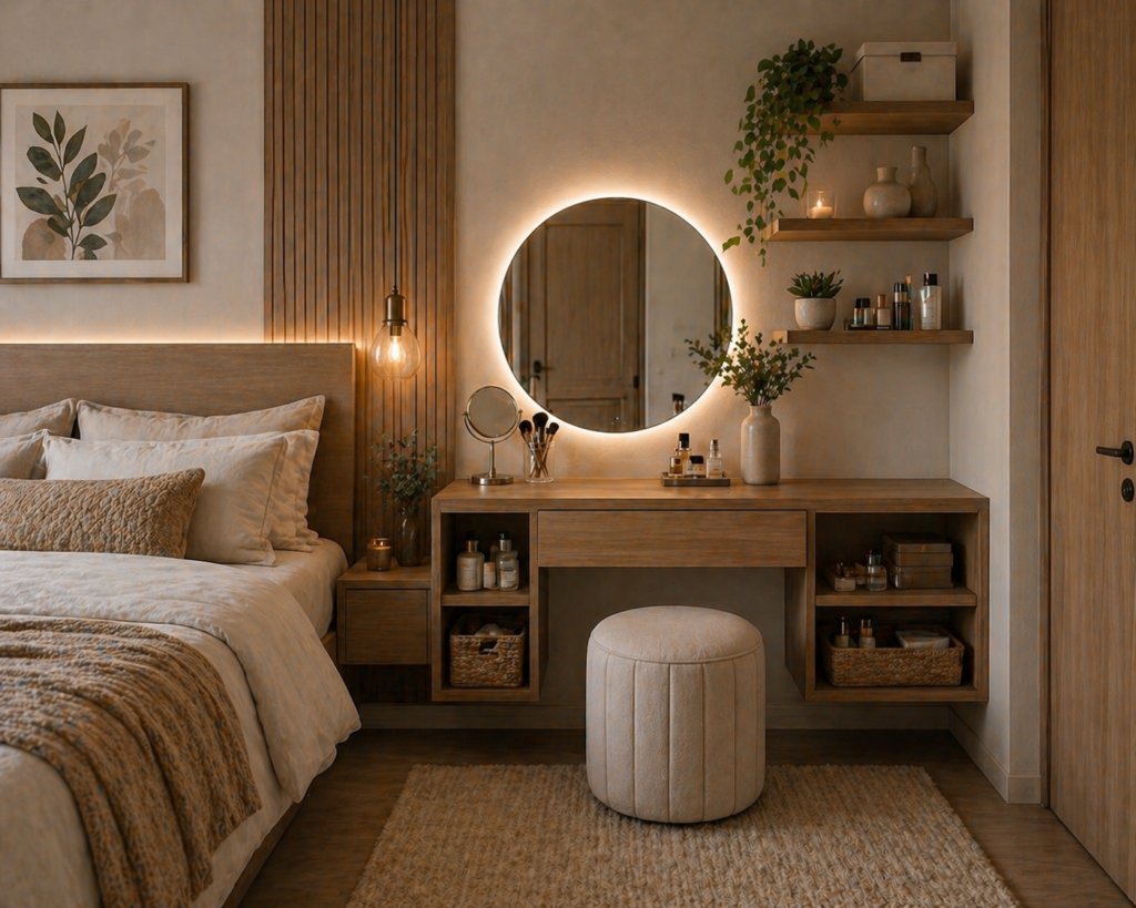 Bedroom with an open shelf vanity, wooden finish, and neatly organized storage
