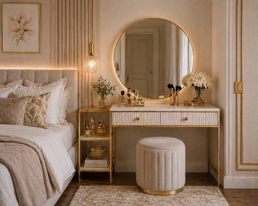 Bedroom with a gold accent vanity, round mirror, and elegant neutral decor