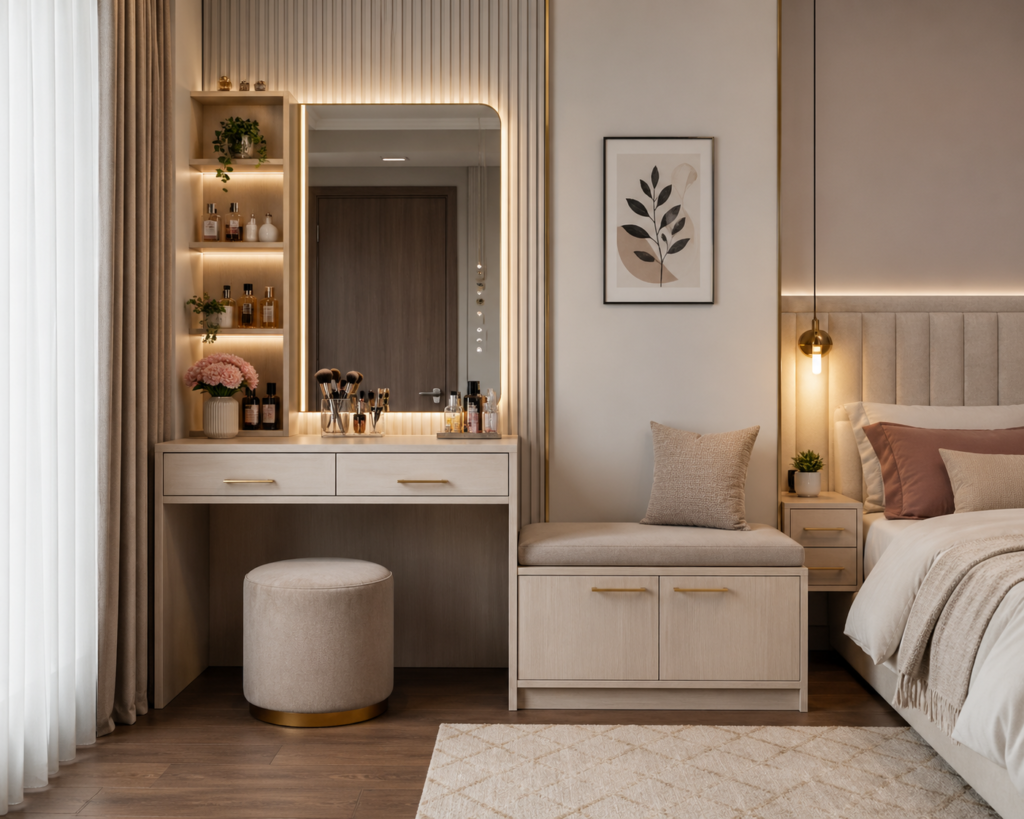 Bedroom vanity with storage bench combo, mirror, and built-in drawers