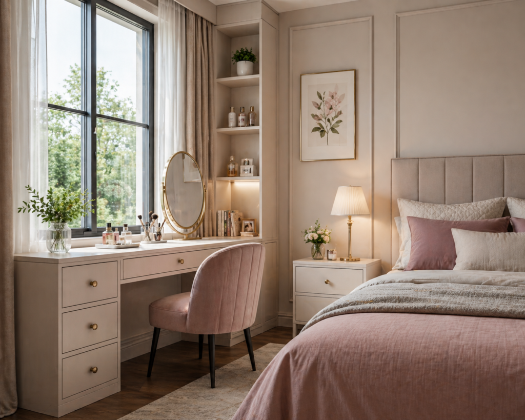 Bedroom vanity by window with mirror, drawers, and natural light setup