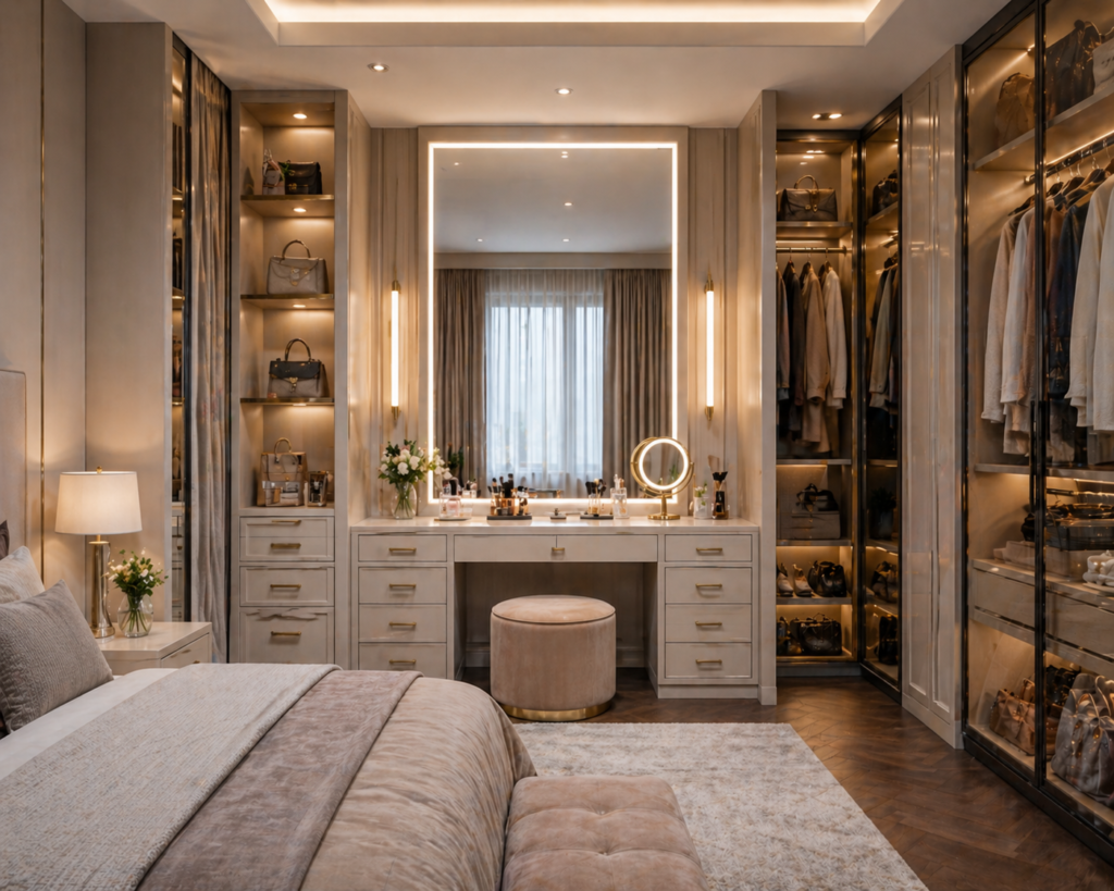 Luxury dressing room style vanity with mirror, drawers, and built-in wardrobe storage
