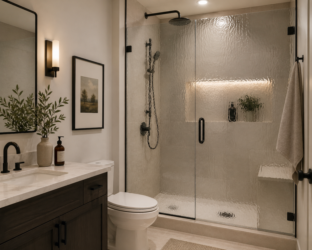 Modern bathroom with glass door for shower featuring textured rain glass panels and sleek black fixtures