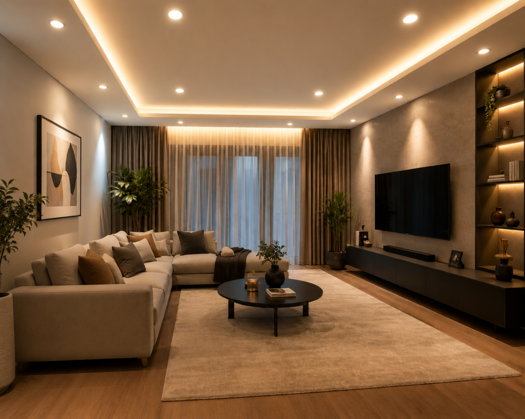 Elegant modern living room featuring stylish recessed ceiling lighting, cozy seating, warm ambient glow, neutral decor, and a contemporary interior design layout.