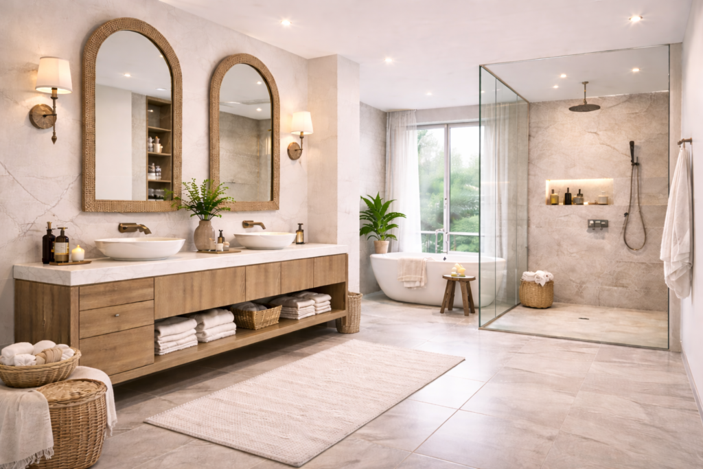 Modern coastal bathroom with textured mirrors, natural materials, and walk-in shower ideas on remodelling a bathroom