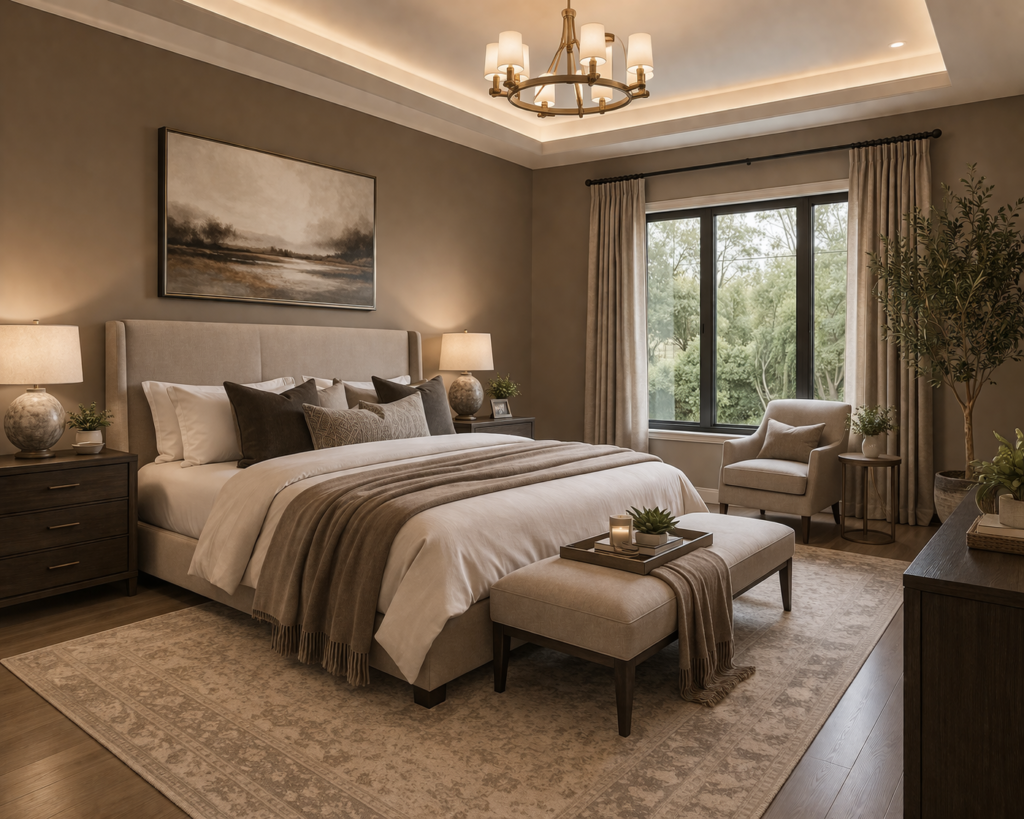 Warm taupe master bedroom with soft lighting and modern decor showing master bedroom paint color ideas