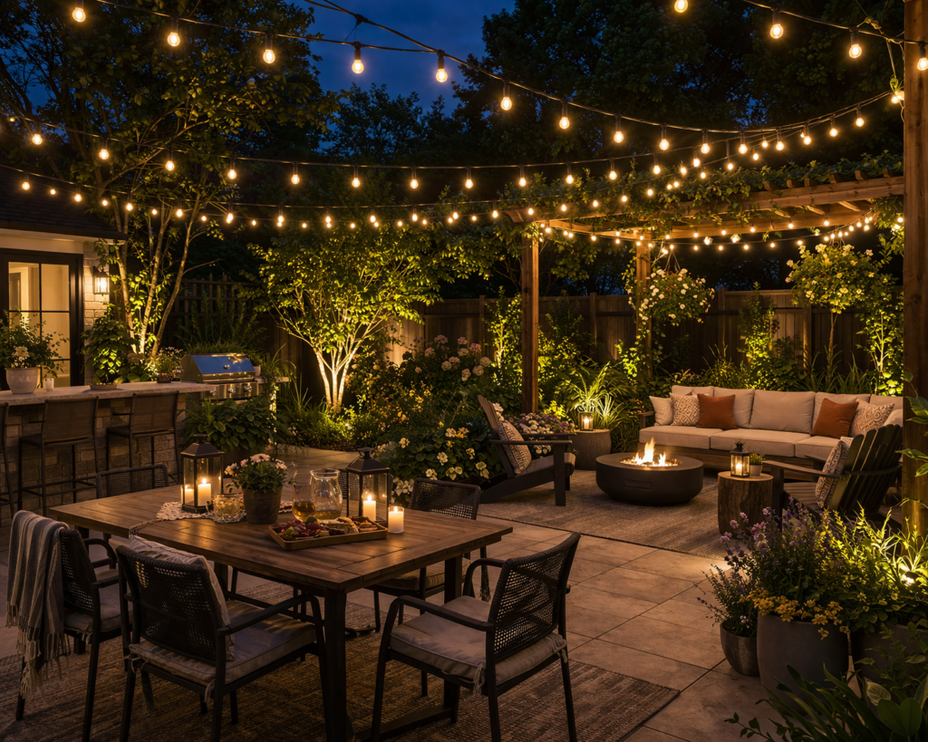 Garden lighting ideas outdoor with patio string lights creating a warm overhead glow for gatherings and seating areas