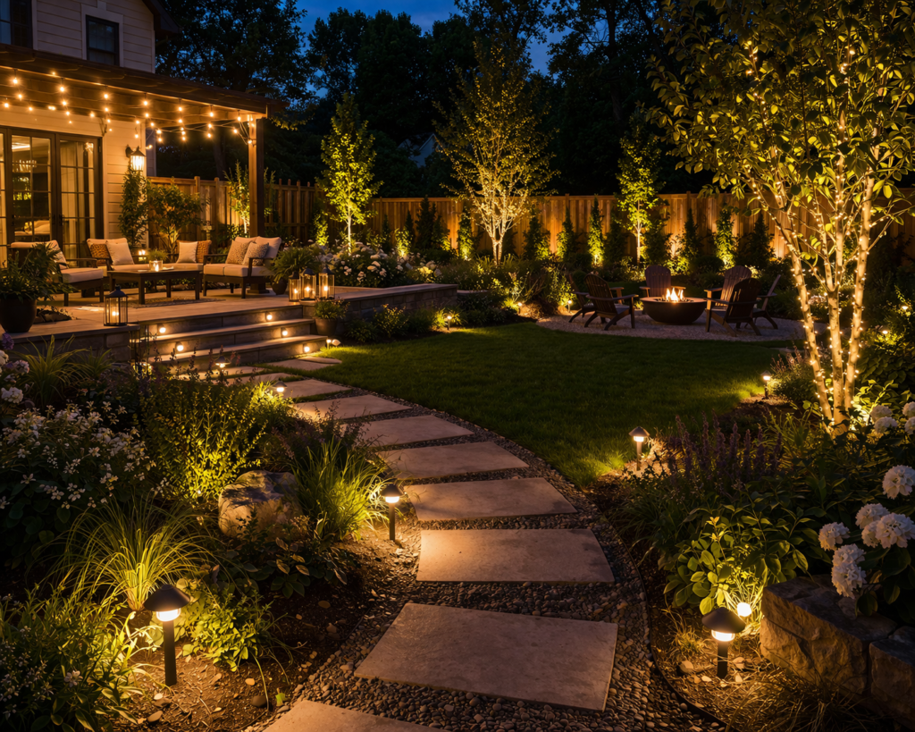 Garden lighting ideas outdoor with backyard lighting featuring pathway lights, ambient glow, and illuminated plants for a cozy outdoor space