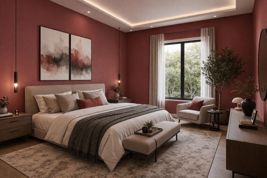 Modern bedroom with foggy red walls and soft neutral decor showing master bedroom paint color ideas