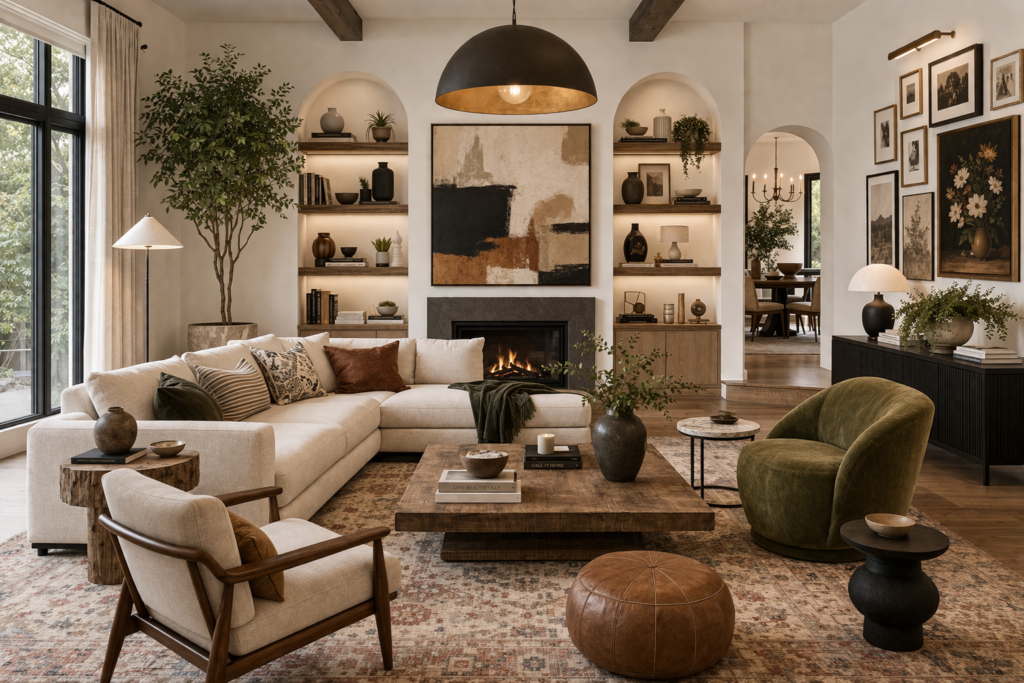 Modern living room furniture with mixed styles, combining contemporary sofa, rustic wood table, and accent chairs