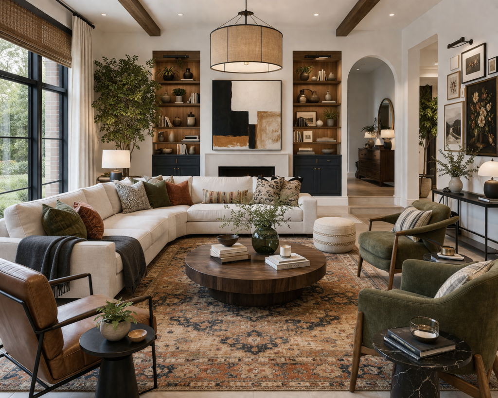 Modern living room furniture with mixed styles, layered textures, and a blend of classic and contemporary pieces