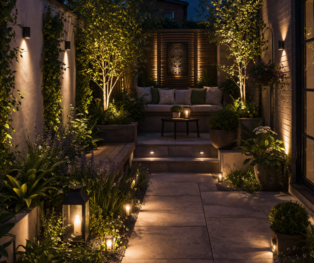Garden lighting ideas outdoor for small courtyard with compact lighting, wall lights, and soft ambient glow in a limited space