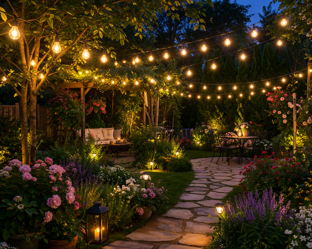 garden lighting ideas outdoor with hanging string lights over cozy seating area and pathway