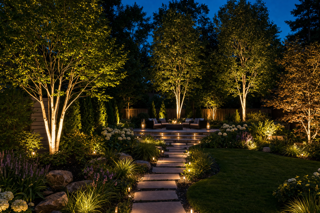 garden lighting ideas outdoor with tree uplighting creating height and depth in backyard landscape at night