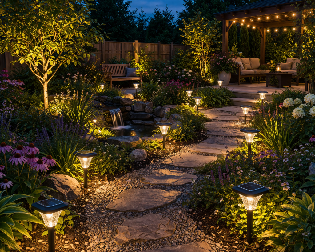 garden lighting ideas outdoor with solar lights along pathway and garden beds creating a warm glow in backyard at night