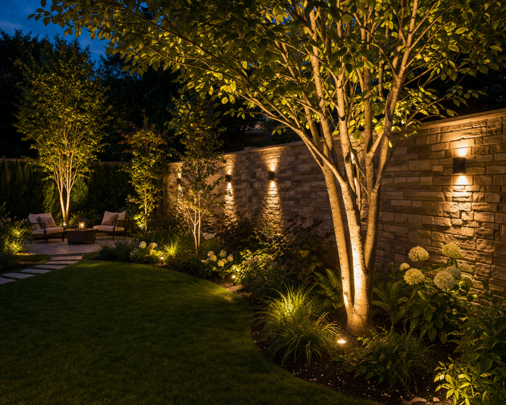 garden lighting ideas outdoor with tree uplighting and garden wall lighting highlighting plants and backyard landscape at night