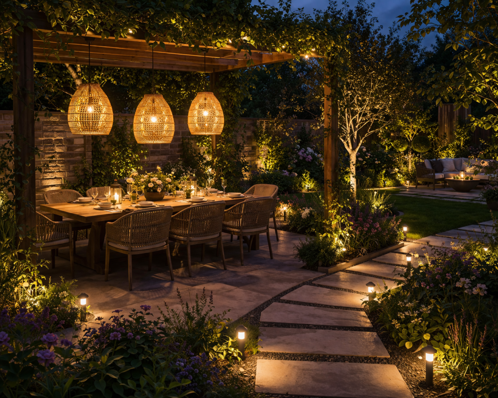 Garden lighting ideas outdoor with pendant lights over dining area creating a warm and focused glow for outdoor meals