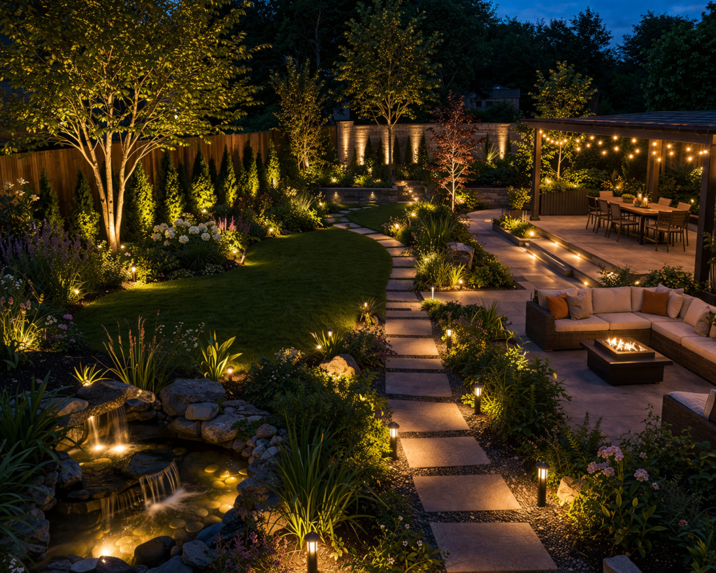 garden lighting ideas outdoor with different lighting zones including pathway lights, patio string lights, and tree uplighting in backyard garden