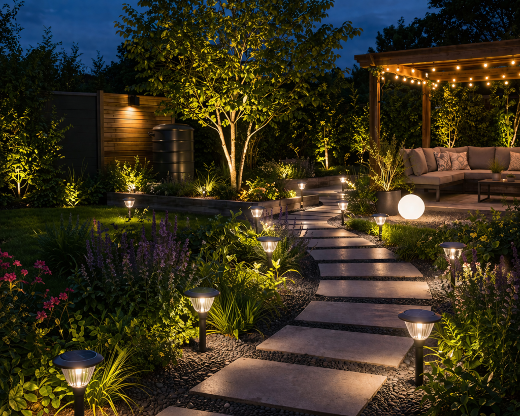 Garden lighting ideas outdoor with energy efficient lighting using solar path lights and soft ambient illumination in a backyard