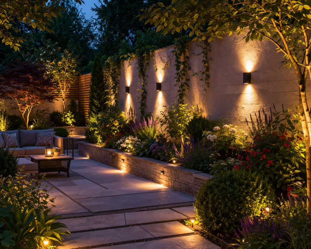 garden lighting ideas outdoor with modern wall lights illuminating plants and patio seating area