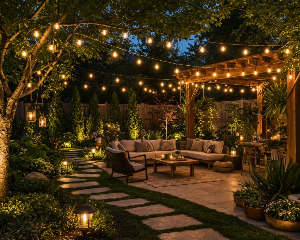 garden lighting ideas outdoor with hanging string lights over patio seating area and illuminated backyard garden pathway