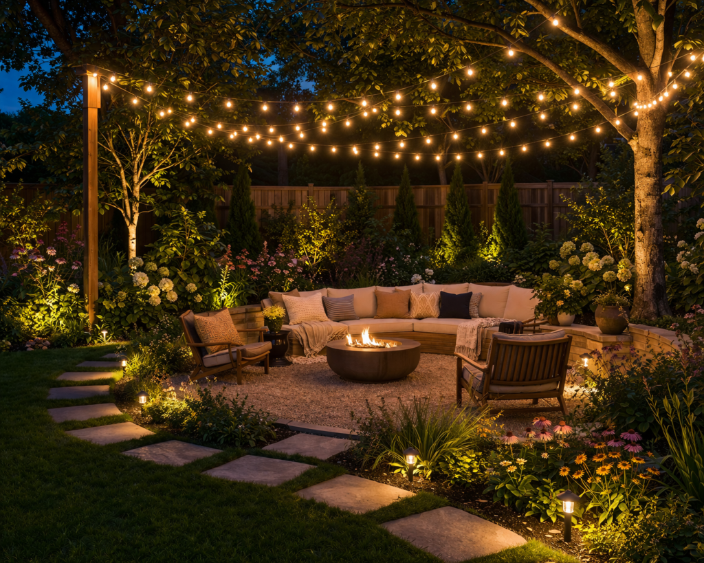 garden lighting ideas outdoor with string lights over seating area creating a cozy backyard ambiance at night