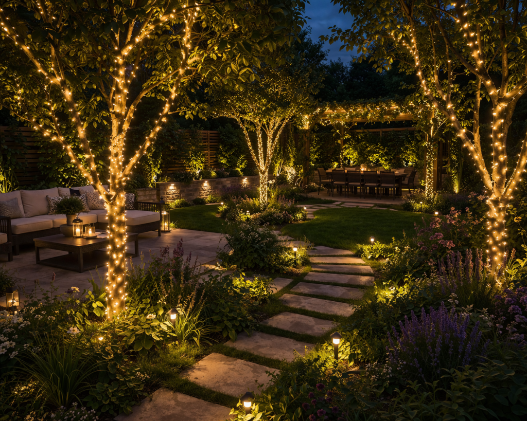 Garden lighting ideas outdoor with string lights wrapped around trees creating a warm glowing effect in a landscaped garden