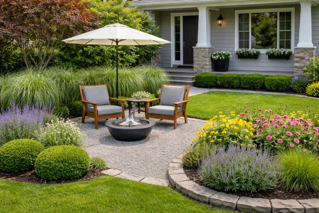 Garden front yard ideas with gravel seating corner, simple chairs, and low-maintenance landscaping