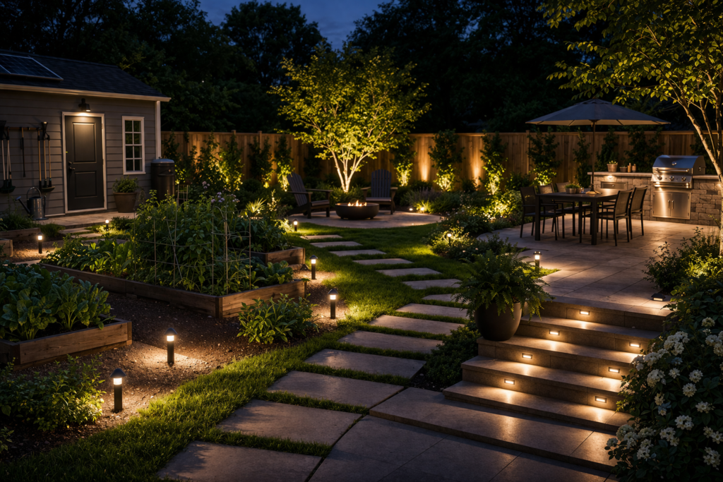 Garden lighting ideas outdoor with functional lighting highlighting pathways, steps, and seating areas for safe and practical use