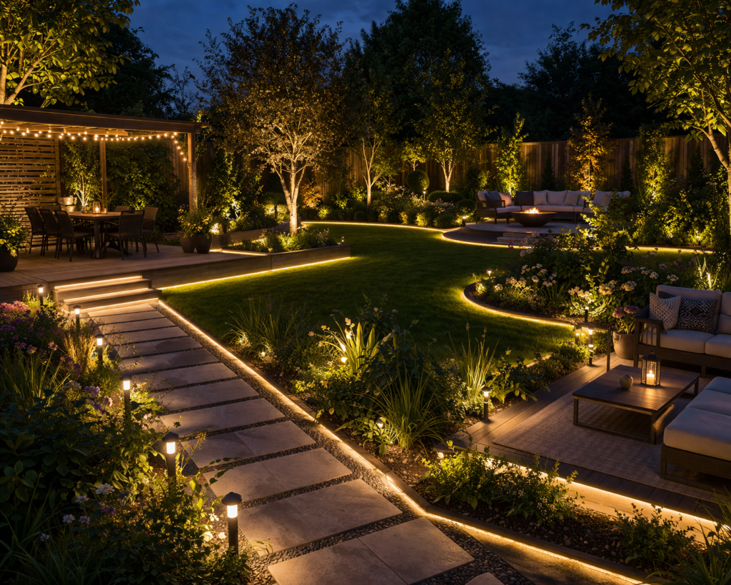 Garden lighting ideas outdoor with layered lighting separating zones like pathways, seating, and lawn areas in a modern backyard
