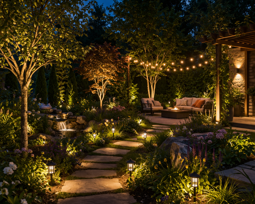 garden lighting ideas outdoor with layered lighting setup featuring pathway lights, tree uplighting, and warm string lights in a backyard garden