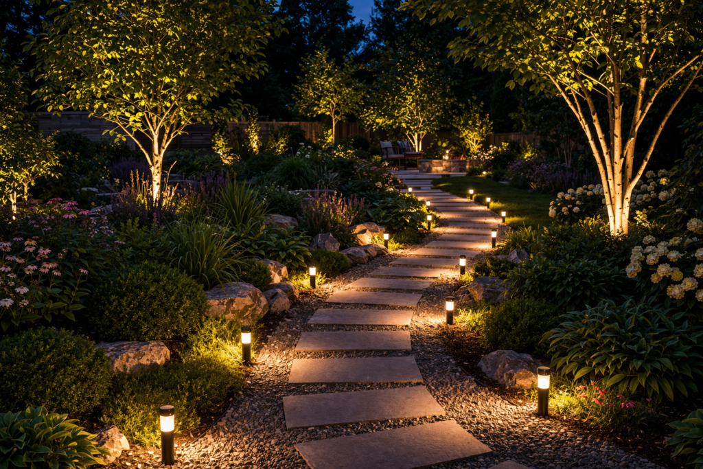 garden lighting ideas outdoor with pathway lighting illuminating stone walkway and surrounding plants in backyard at night
