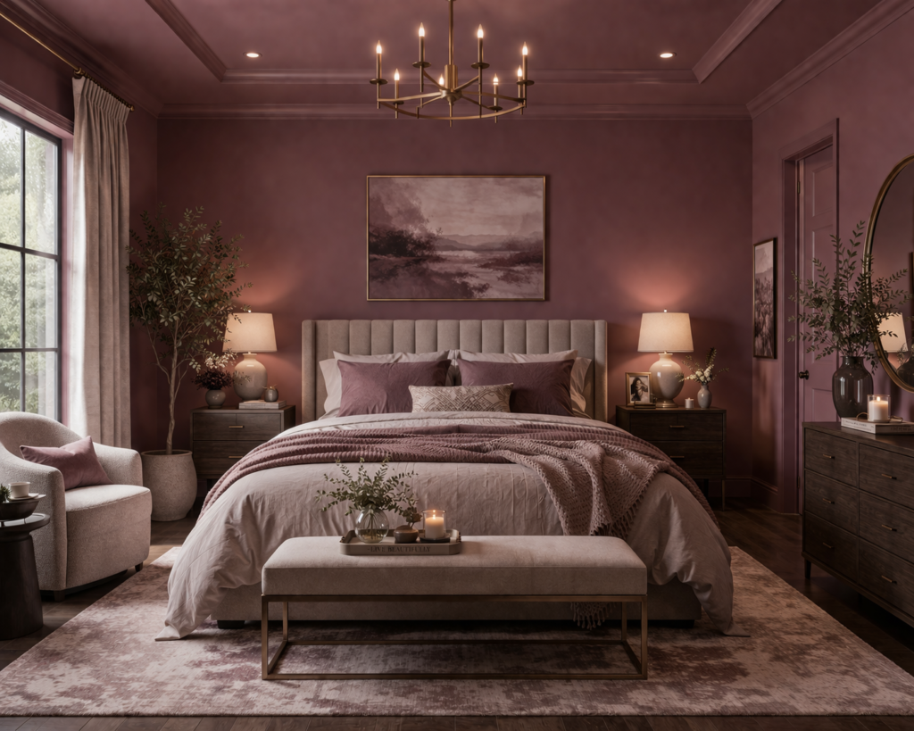 Mauve drench master bedroom with matching walls, ceiling, and decor showcasing master bedroom paint color ideas.