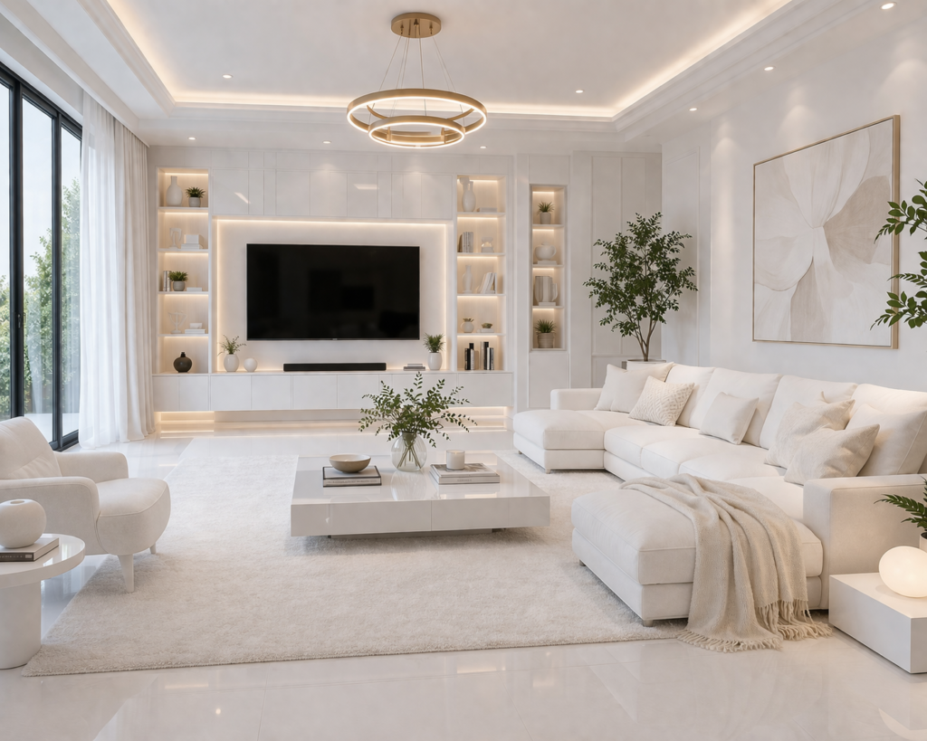 Modern living room furniture in an all-white theme with sleek sofa, wall unit, and soft lighting