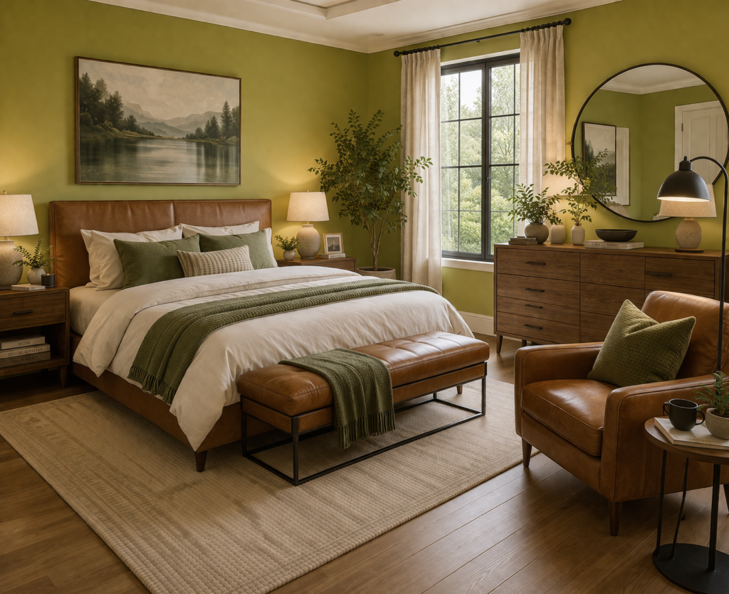 Modern bedroom with yellow green walls and leather furniture showing master bedroom paint color ideas