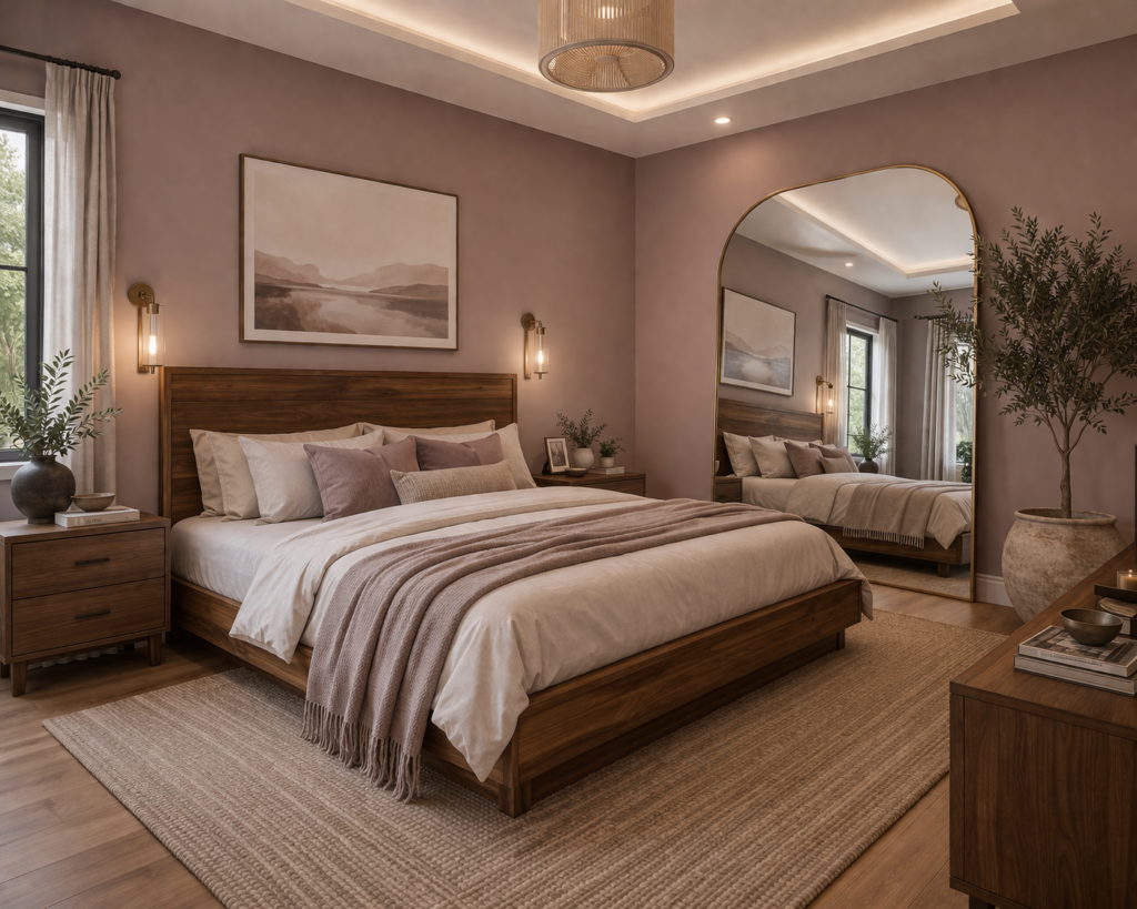 Modern bedroom with mauve beige walls, wooden bed, and large mirror showing master bedroom paint color ideas