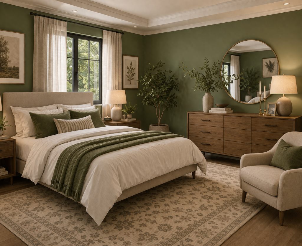 Modern bedroom with mossy green walls and stylish dresser showing master bedroom paint color ideas