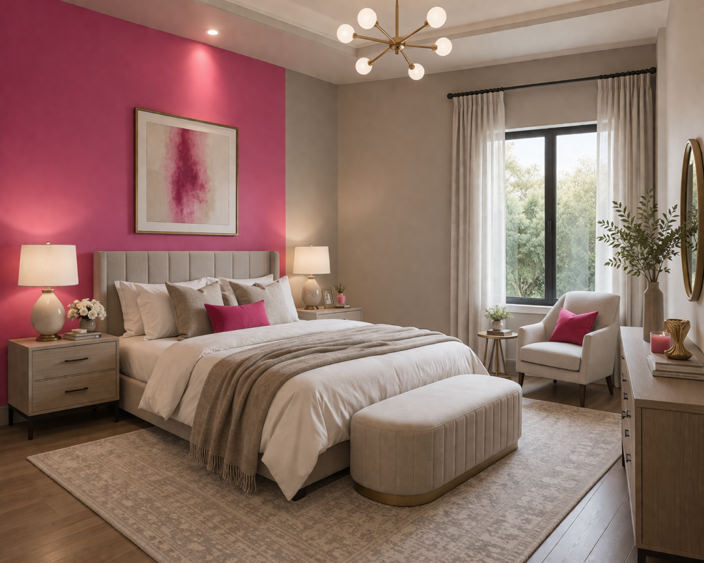 Modern bedroom with hot pink accent wall and soft beige grey walls showing master bedroom paint color ideas