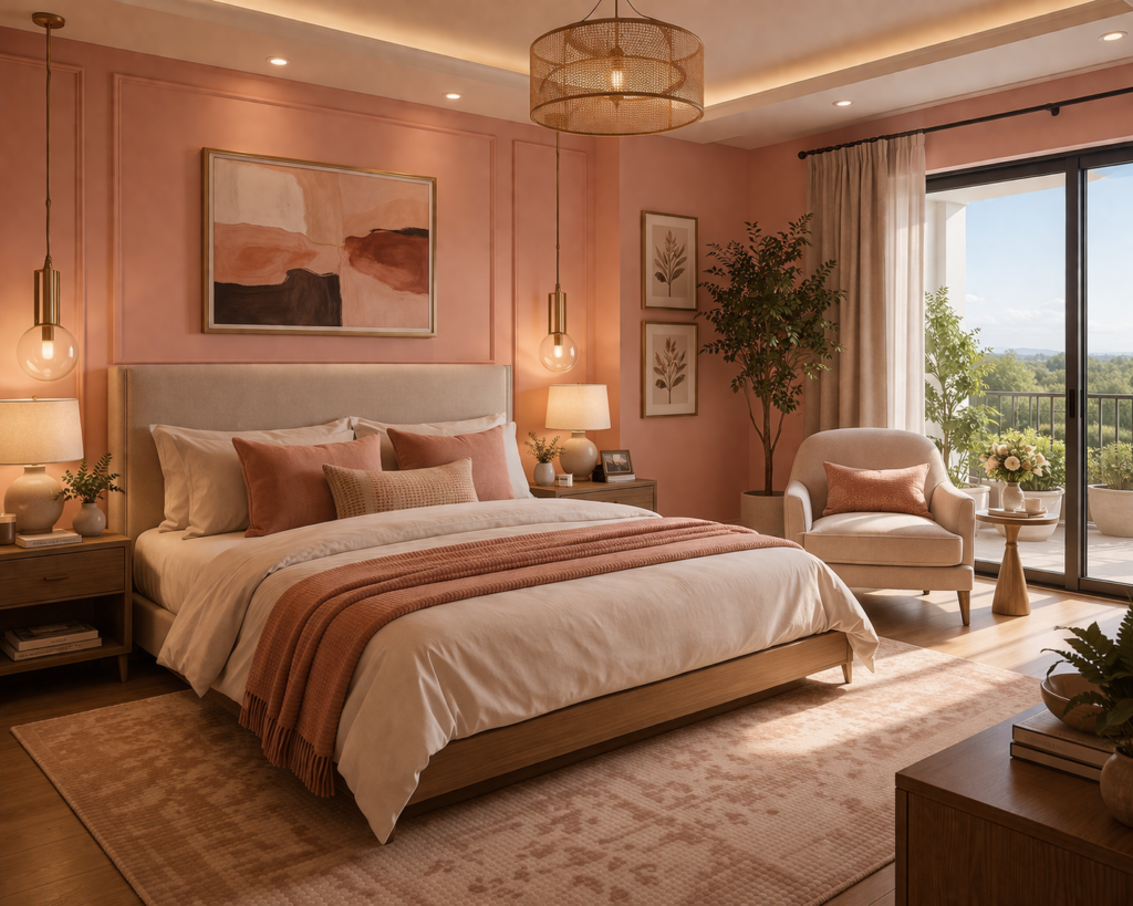 Modern bedroom with peachy pink walls and a comfortable chair showing master bedroom paint color ideas